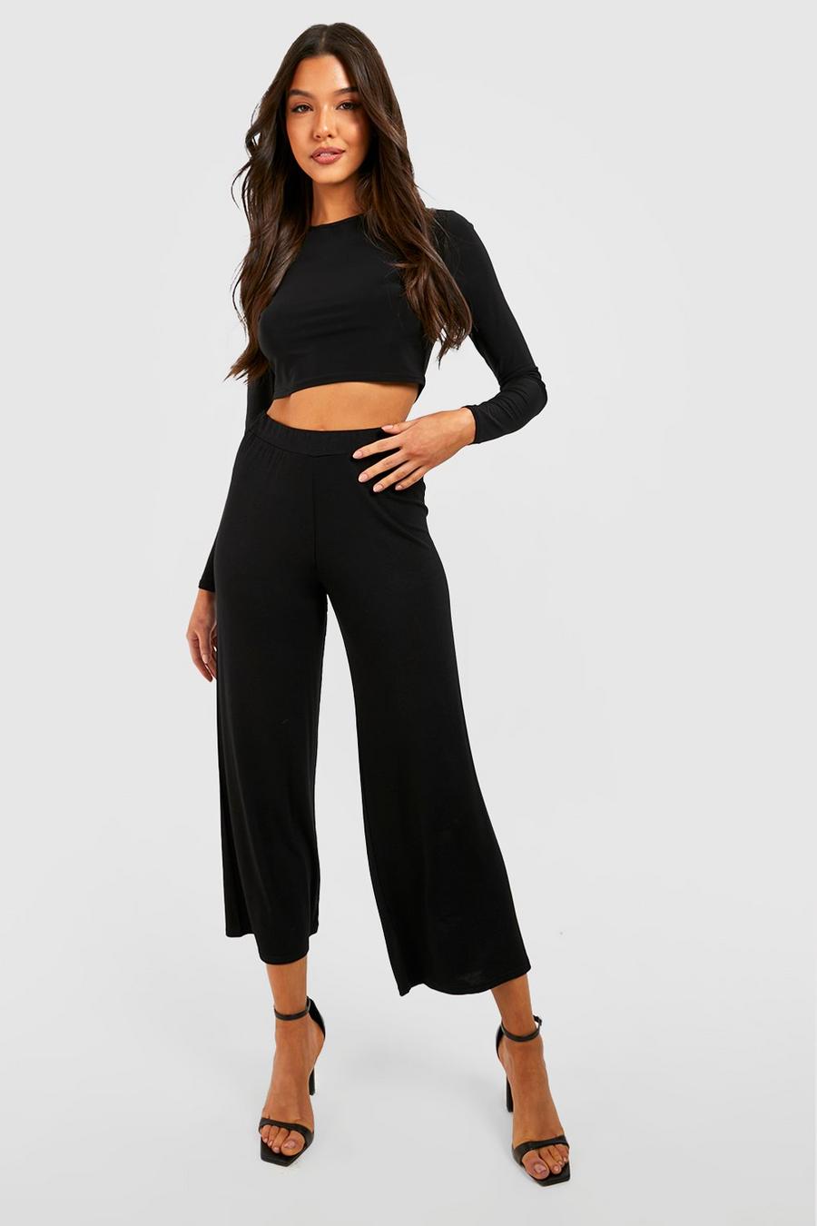 Basic Solid Black High Waisted Jersey Knit Culottes image number 1