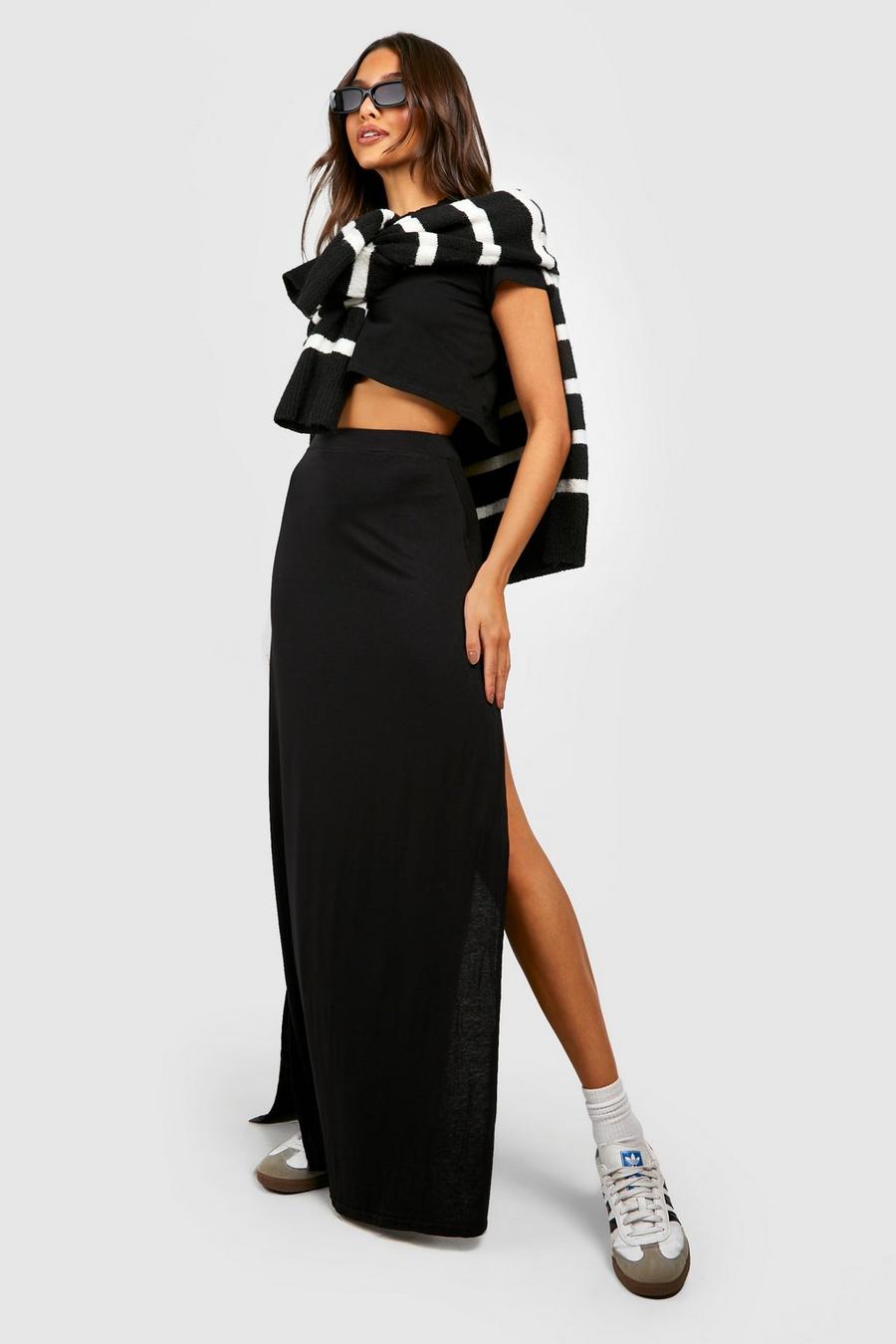 Basic Solid Black High Waisted Split Maxi Skirt image number 1
