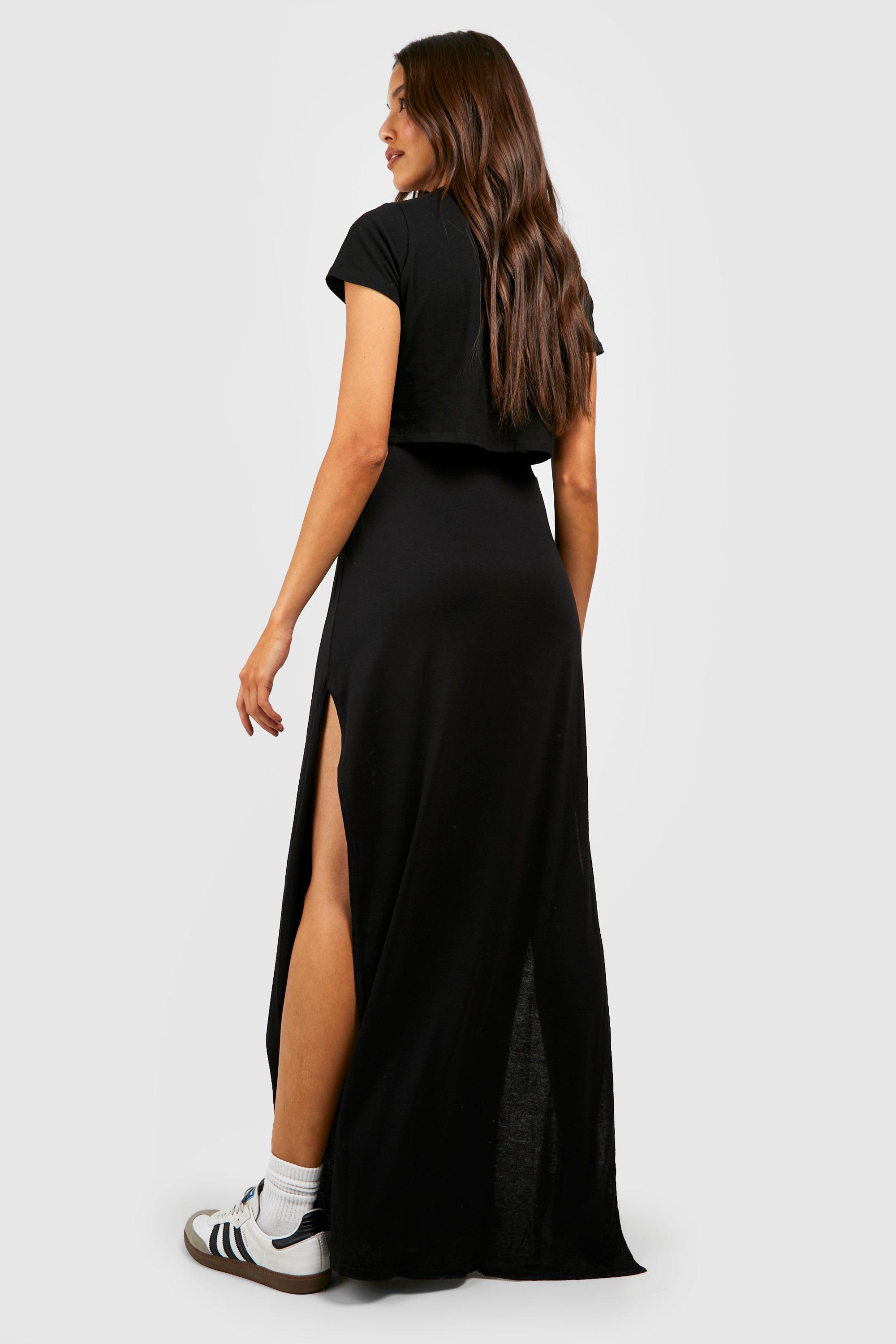 Basic Solid Black High Waisted Split Maxi Skirt | boohoo USA