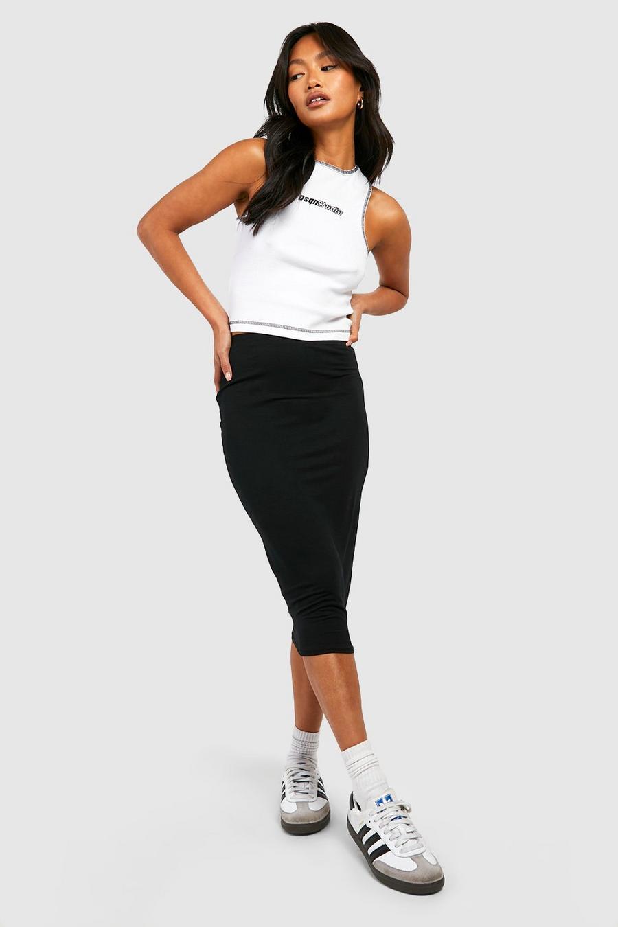 Basic Solid Black High Waisted Midi Skirt image number 1