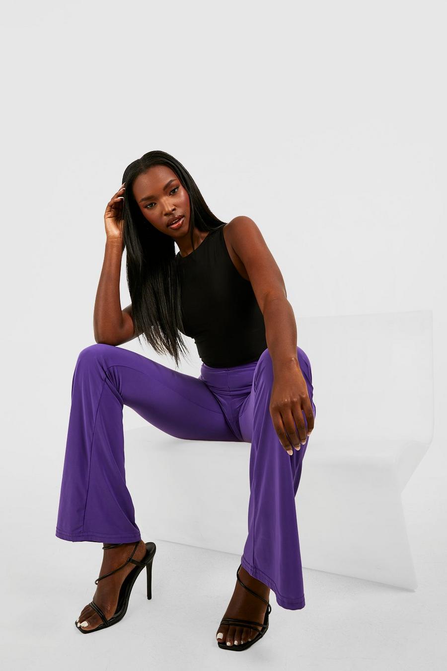Purple Slinky High Waisted Flared Trousers image number 1