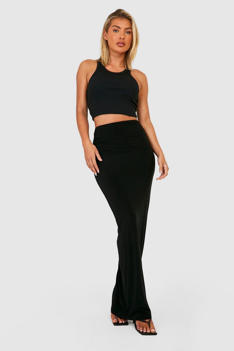 Black Slinky Low Waist Floor Length Maxi Skirt