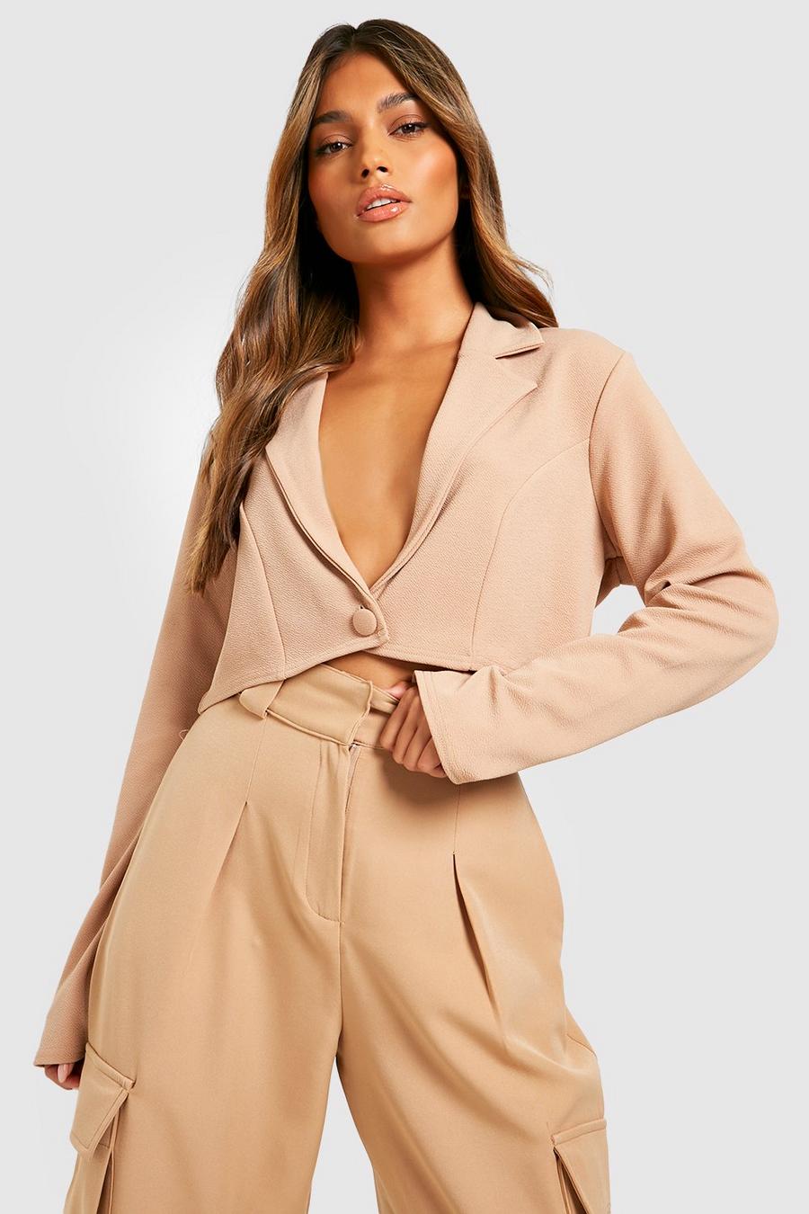 Camel Basic Jersey Button Front Cropped Blazer image number 1