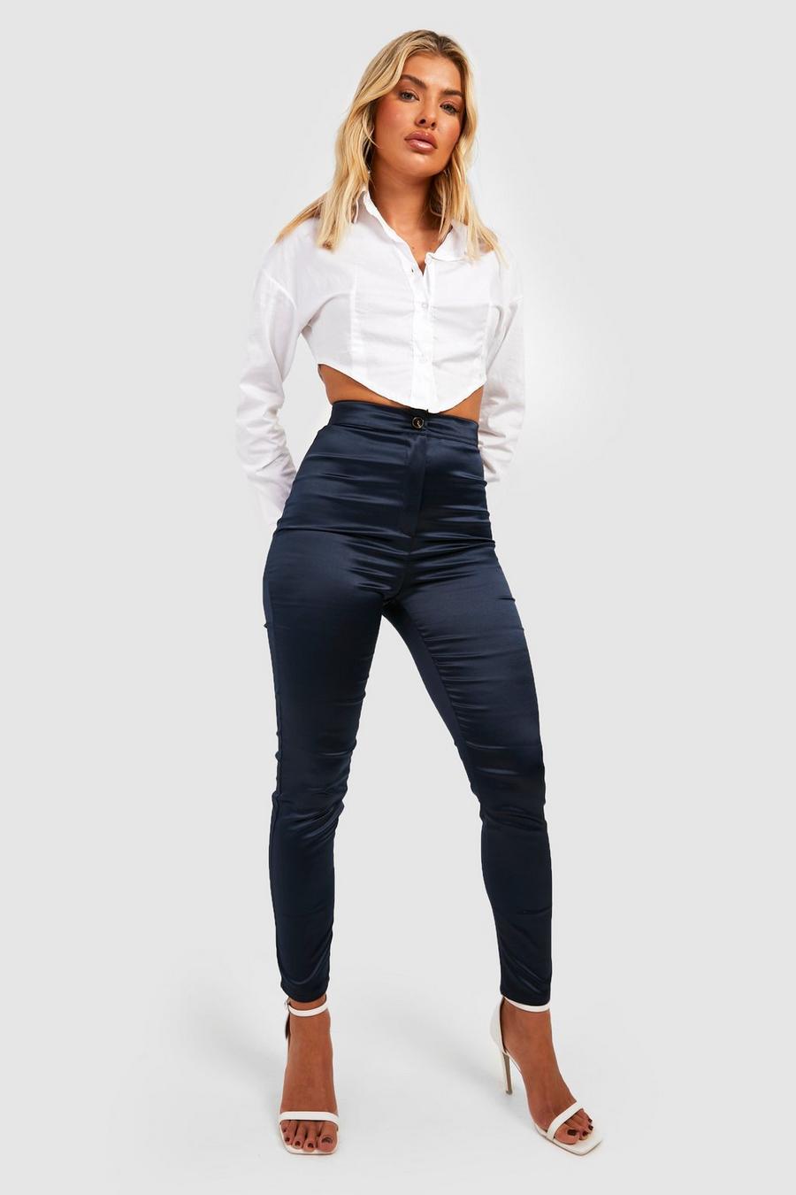 Navy Stretch Satin High Waisted Skinny Pants image number 1