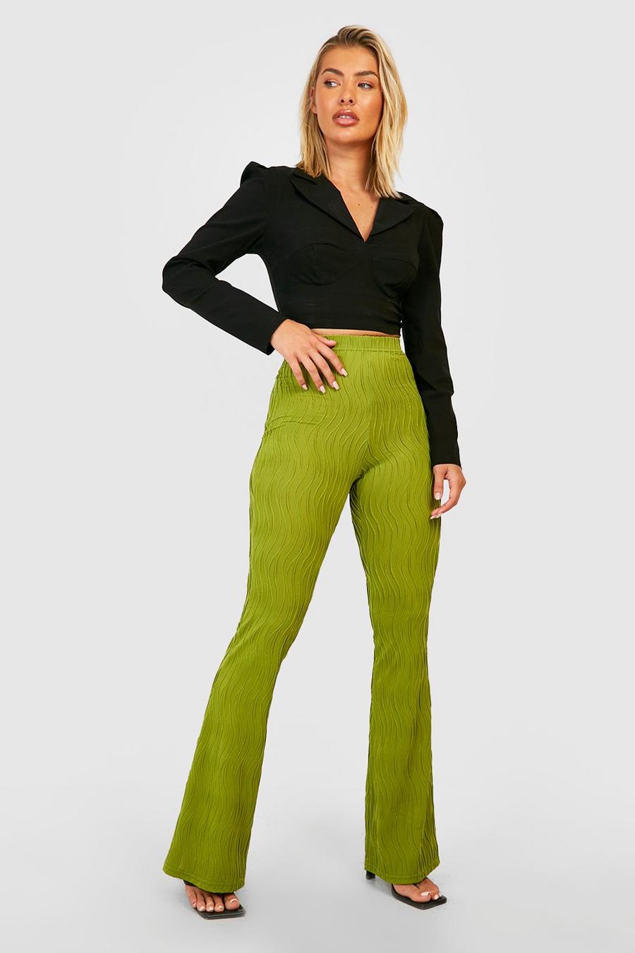 Chartreuse Textured Ripple Rib Flared Pants image number 1