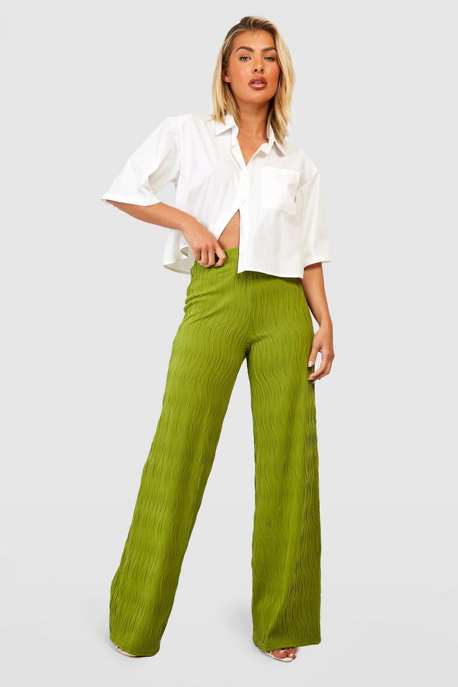 Chartreuse yellow Textured Ripple Rib Wide Leg Trousers