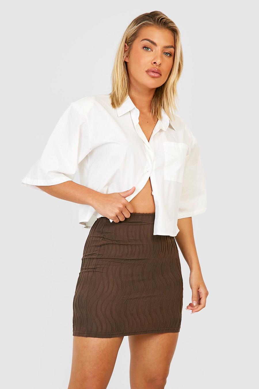 Chocolate brown Textured Ripple Rib Micro Mini Skirt