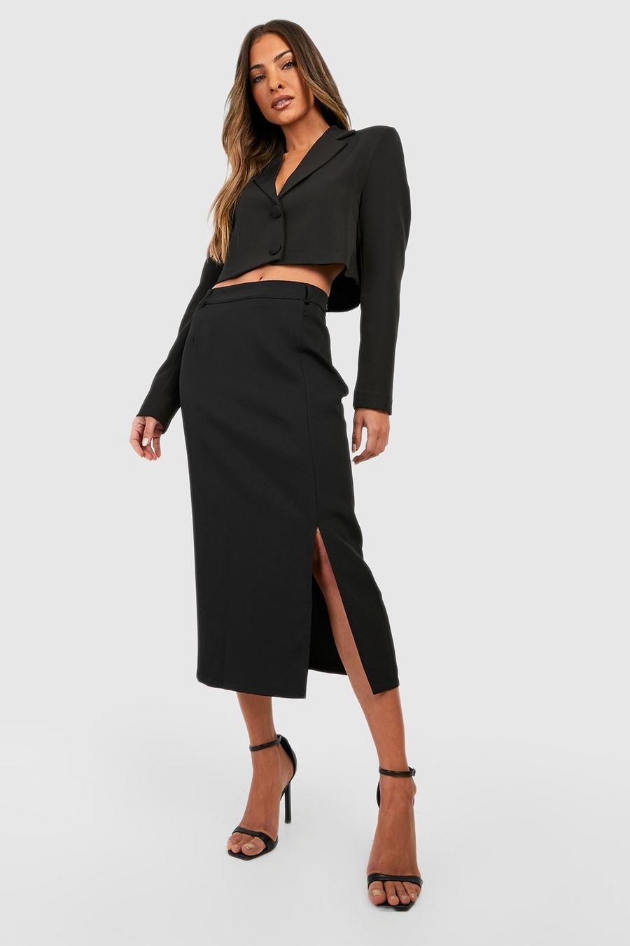 Black Tailored Split Side Midi Skirt image number 1