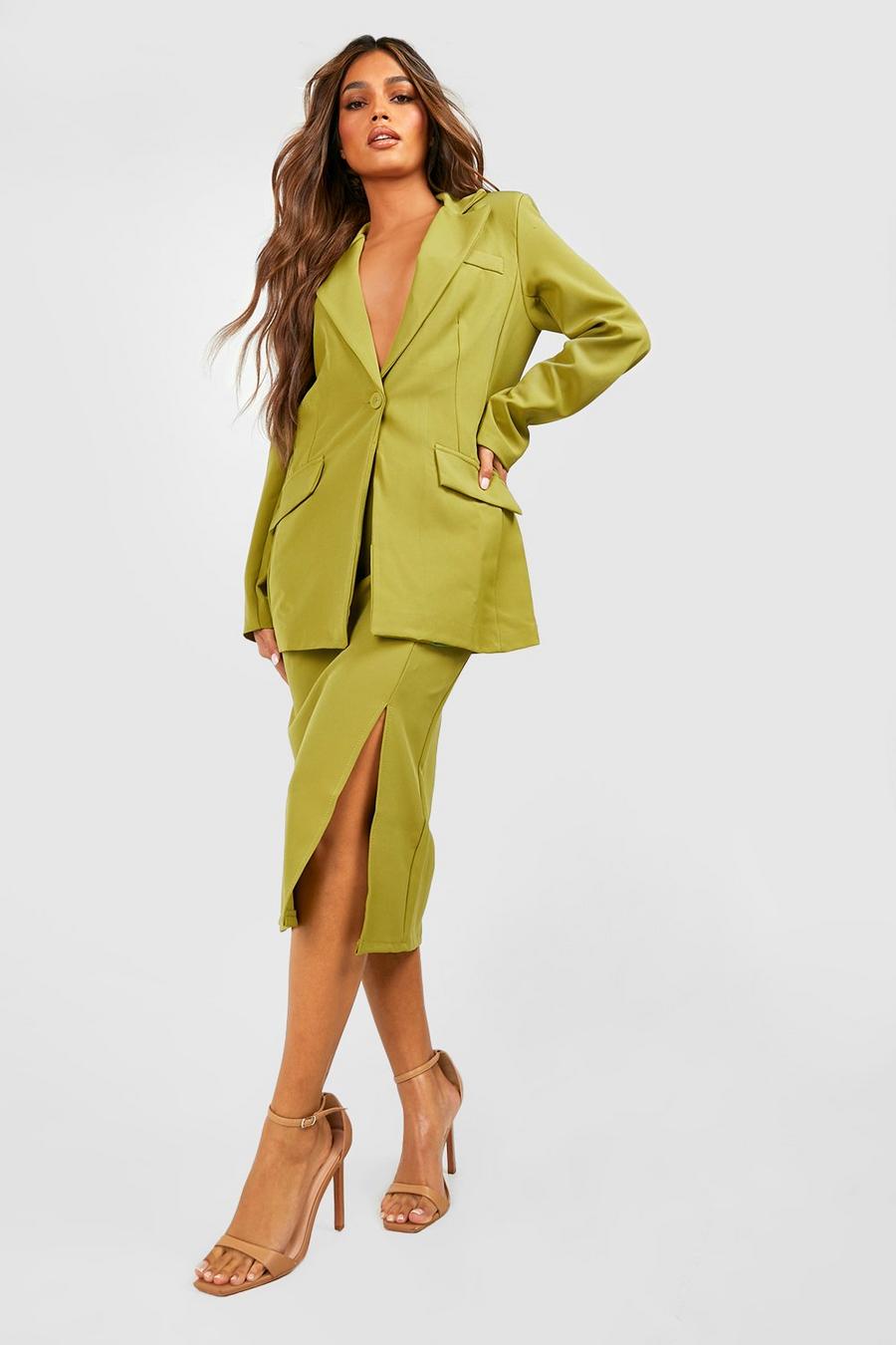 Olive Tailored Split Side Midi Skirt image number 1