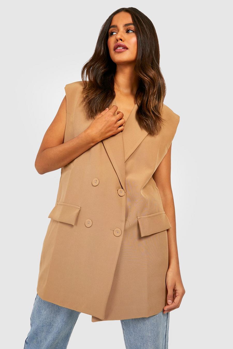 Camel beige Tailored Double Breasted Sleeveless Blazer