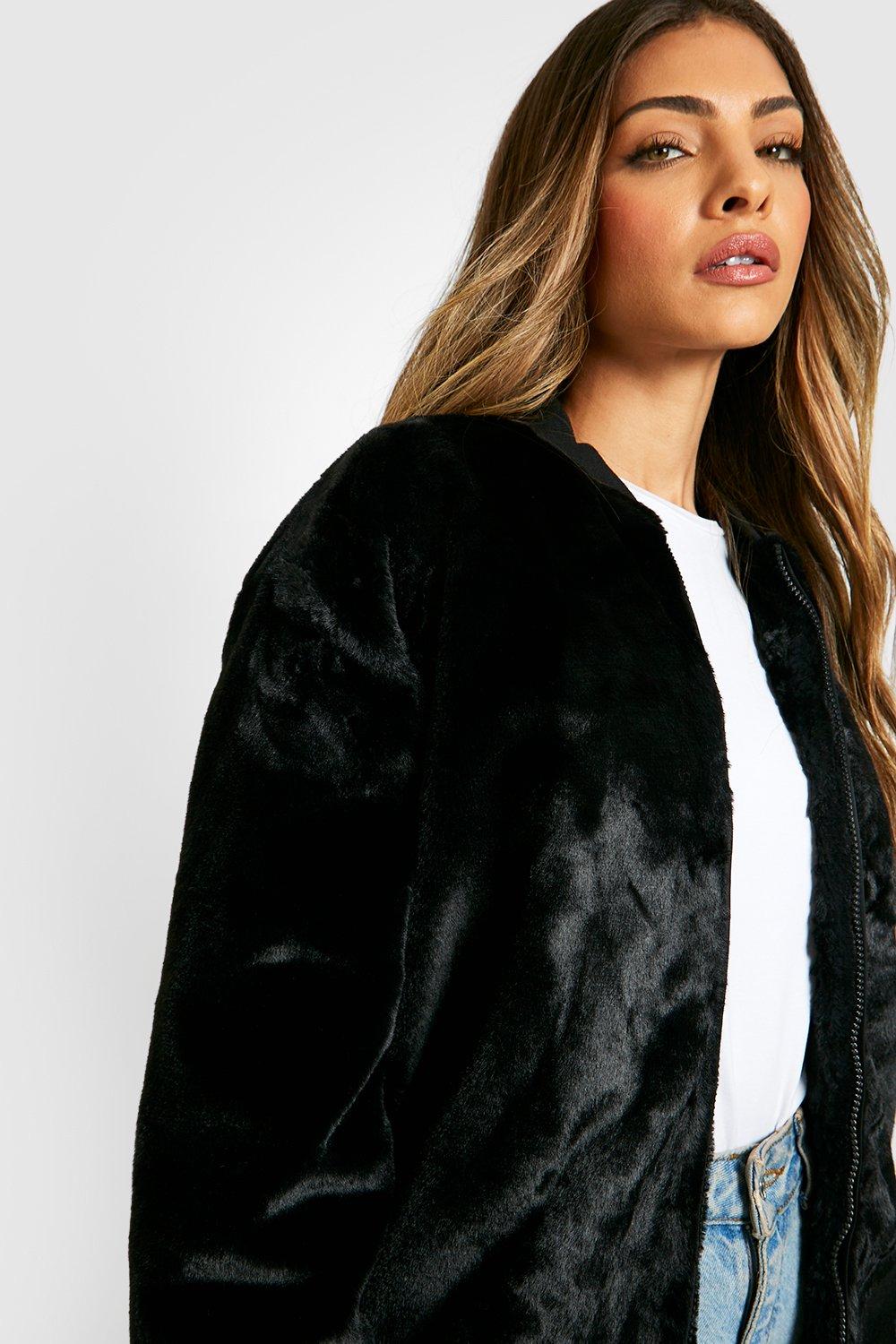 Black faux hotsell fur bomber jacket