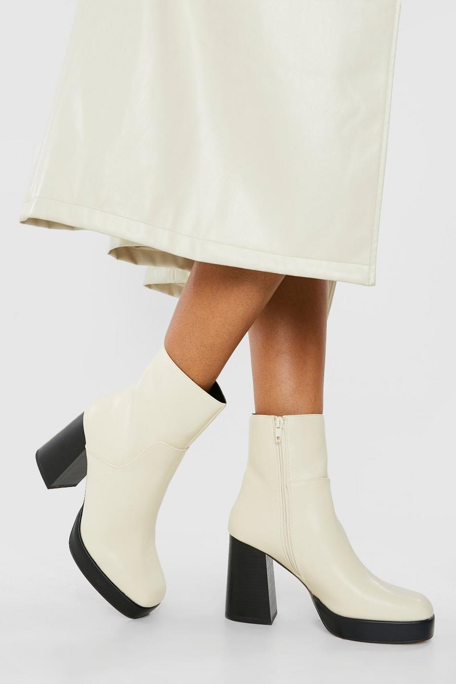 White blanc Square Toe Platform Shoe Boots