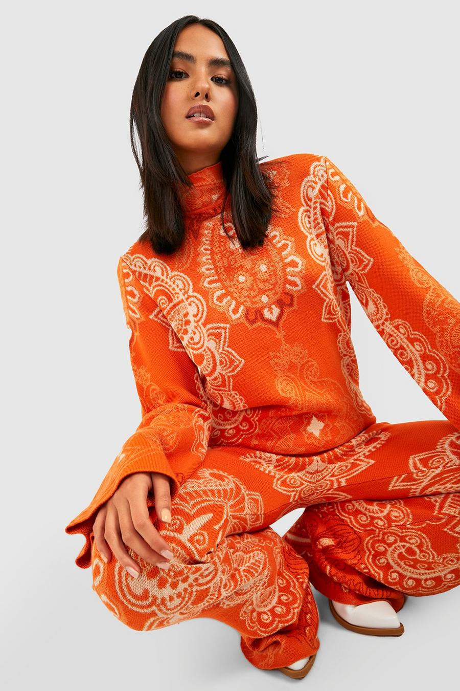 Orange Premium Printed Knitted Co-Ord image number 1