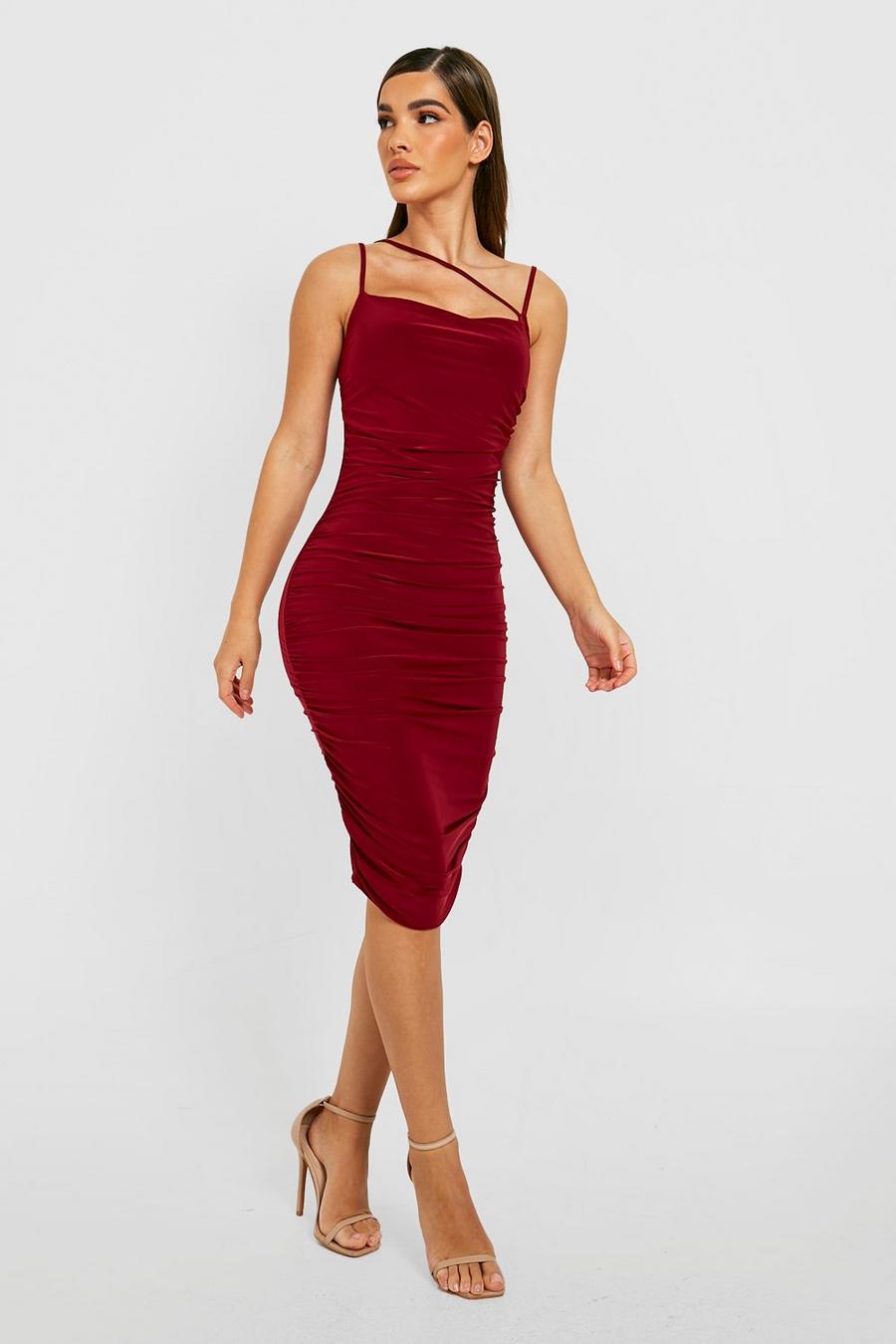 Berry red Double Slinky Strappy Ruched Midi Dress image number 1