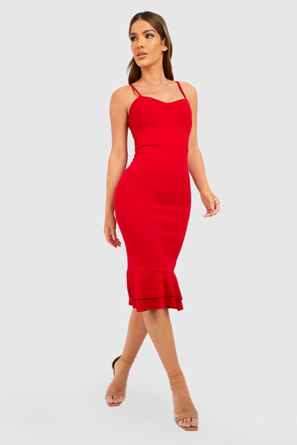 Red High Neck Frill Split Hem Midaxi Dress