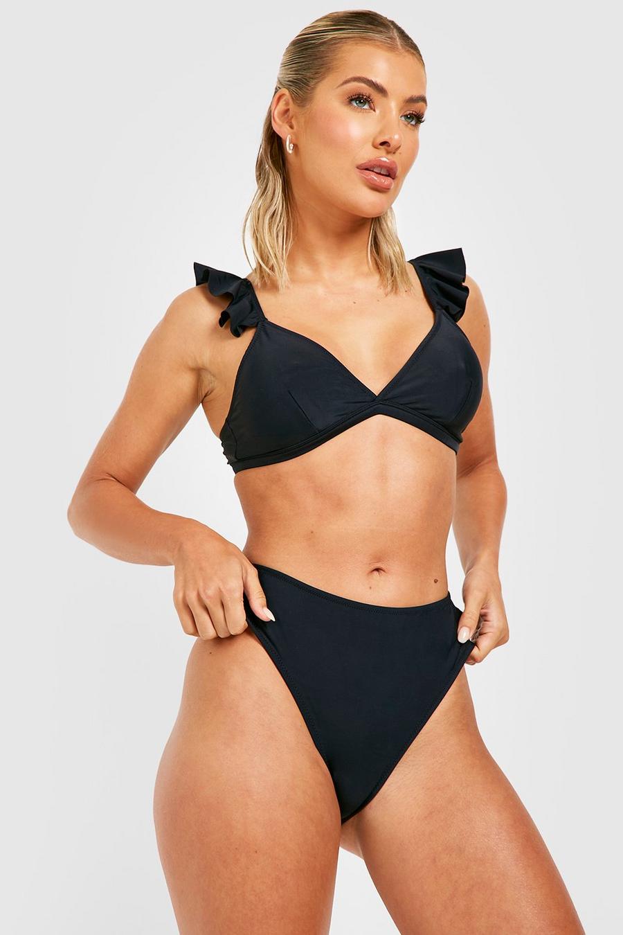 Bikini avec haut à volants et bas taille haute, Black image number 1