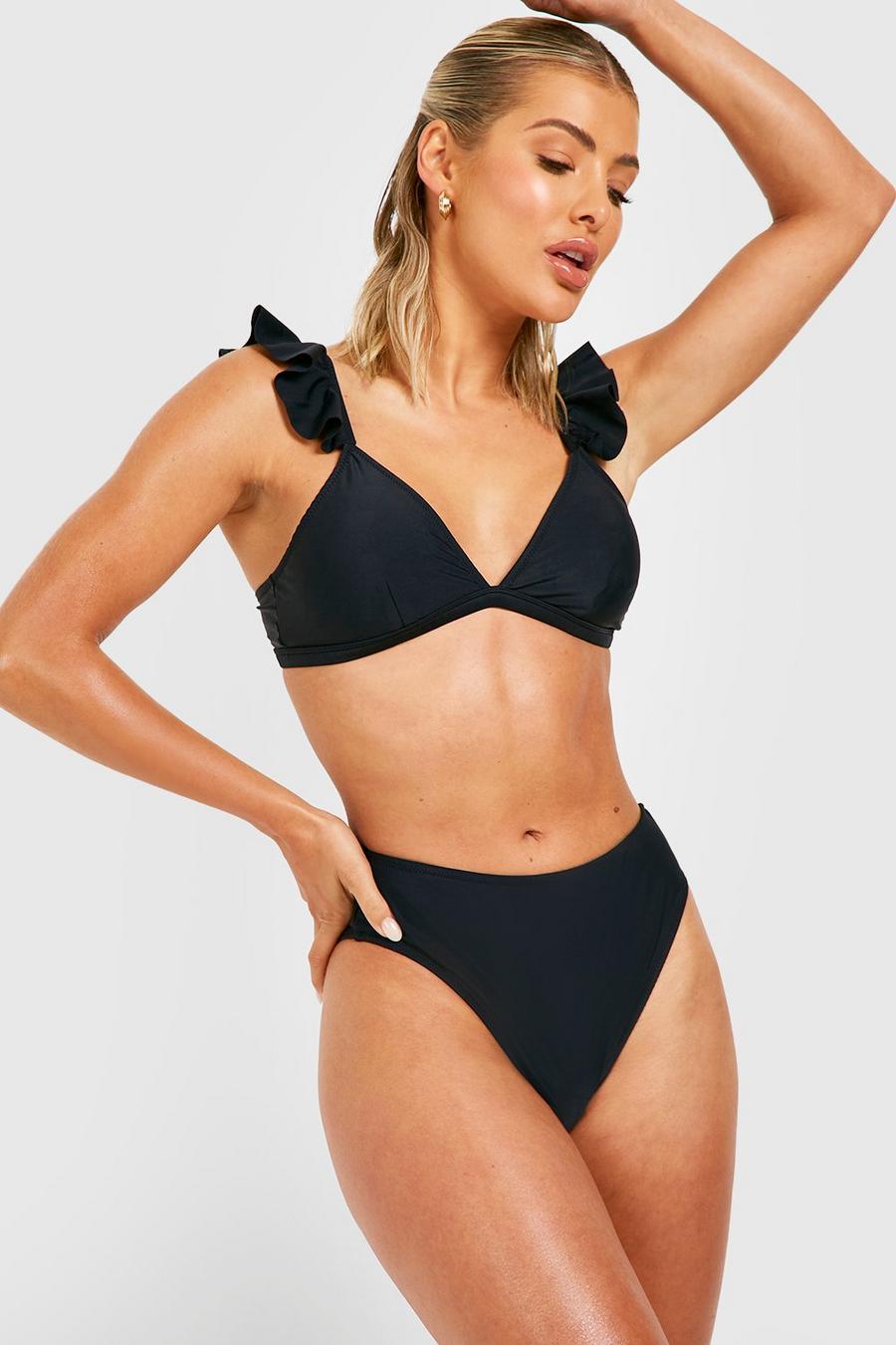 Bikini avec haut à volants et bas taille haute, Black image number 1