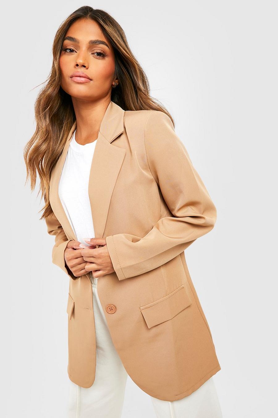 Camel beige Basic Woven Single Breasted Fitted Blazer