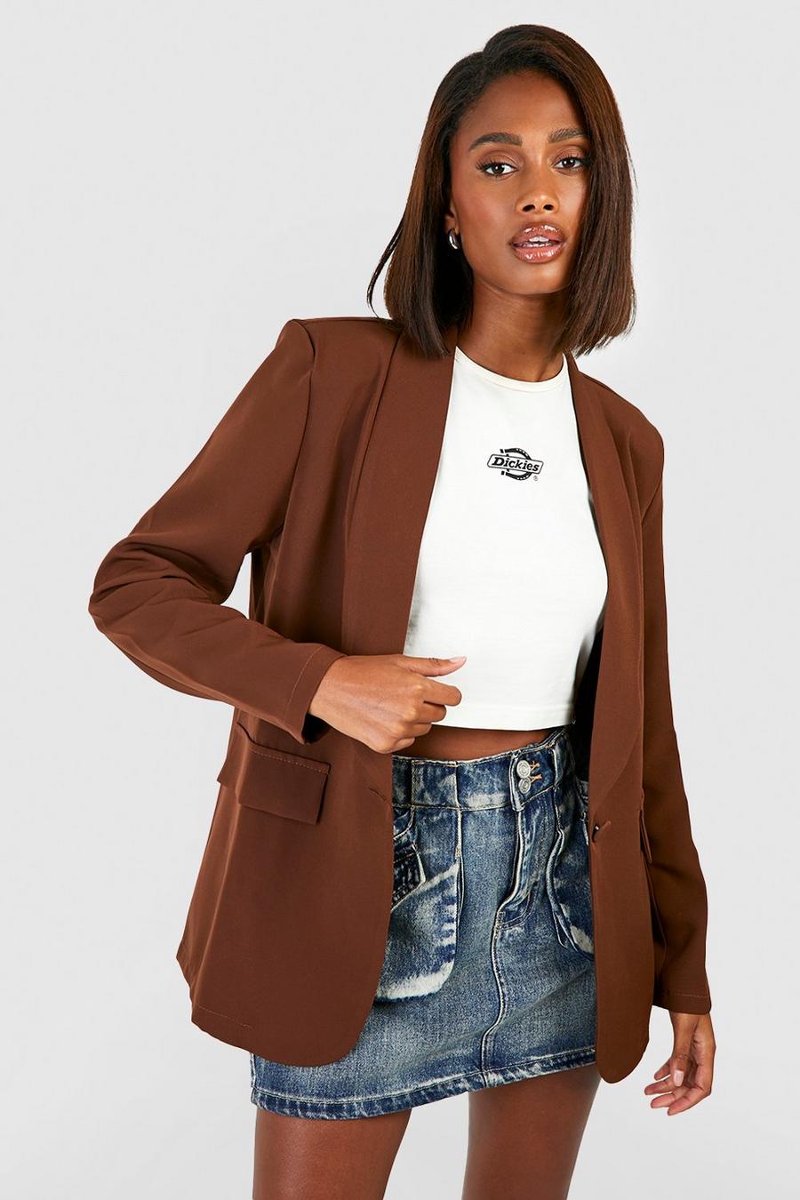 Chocolate brown Basic Woven Single Breasted Plunge Lapel Blazer