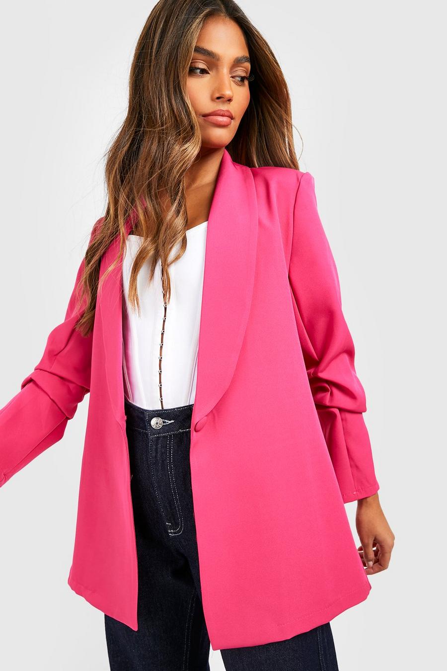 Hot pink rosa Basic Woven Ruched Sleeve Plunge Lapel Blazer
