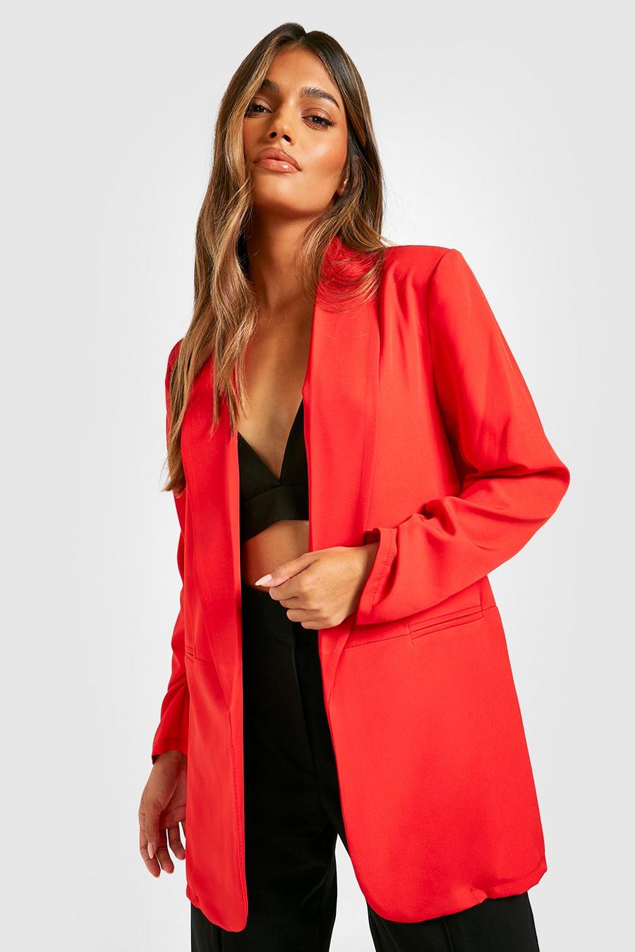 Red Basic Woven Ruched Sleeve Blazer image number 1