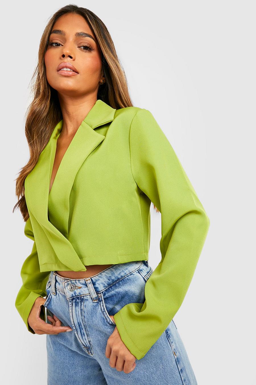Olive green Basic Woven Wrap Front Crop Blazer