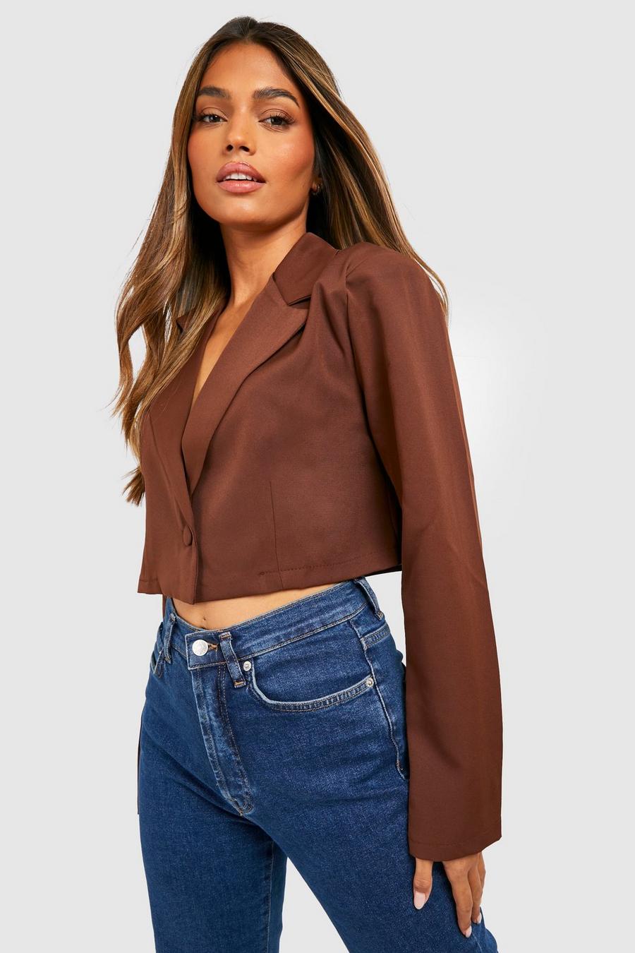 Chocolate Basic Woven Relaxed Fit Crop Blazer image number 1