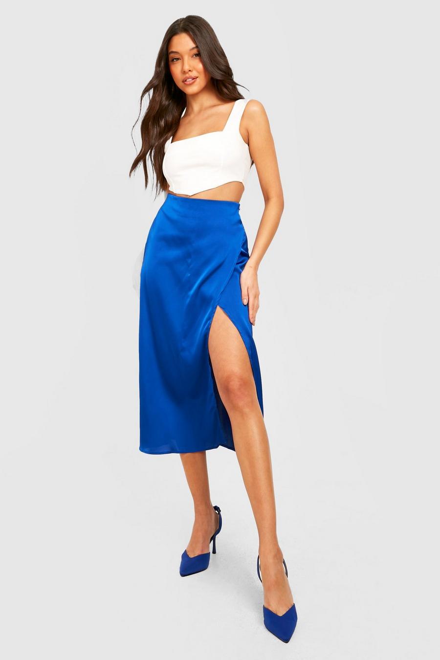 Cobalt Satin Wrap Midi Skirt image number 1