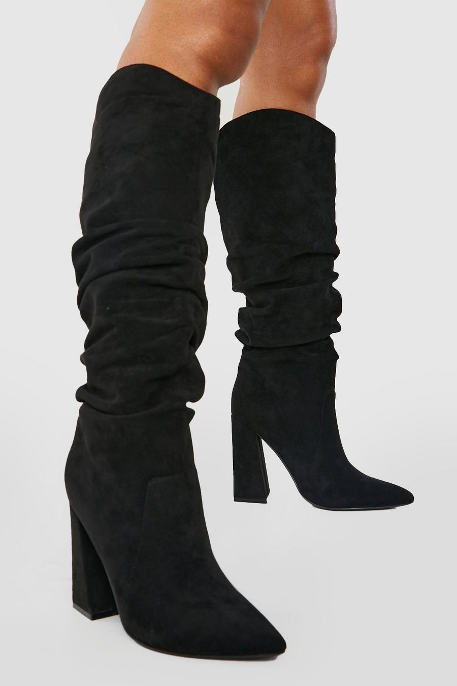 Black Soft Ruched Knee High Pointed Boots