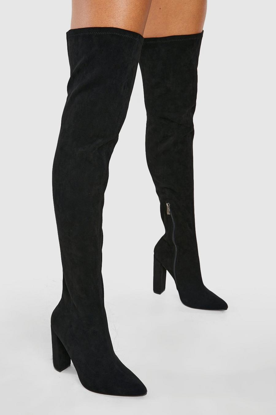 Black High Block Heel Pointed Toe Over The Knee Boots image number 1