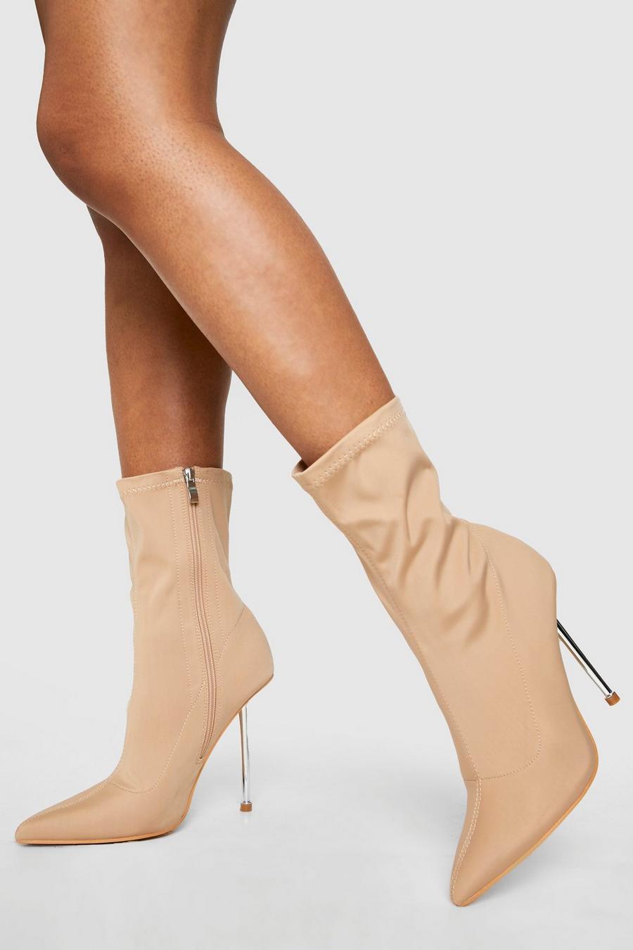 Stone beige Pointed Stiletto Metal Heel Sock Boots image number 1