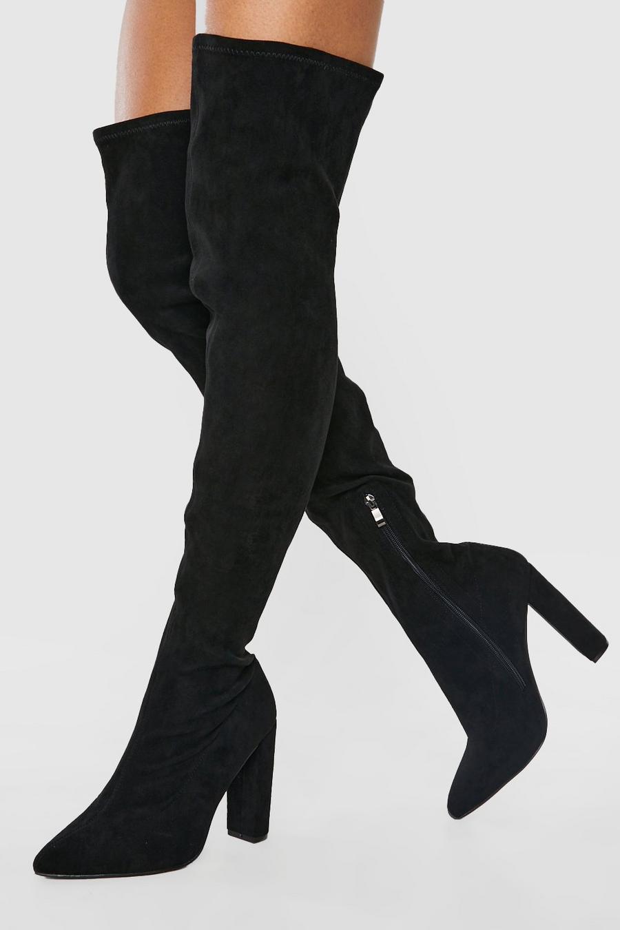 Black schwarz Wide Fit High Block Heel Pointed Toe Over The Knee Boots