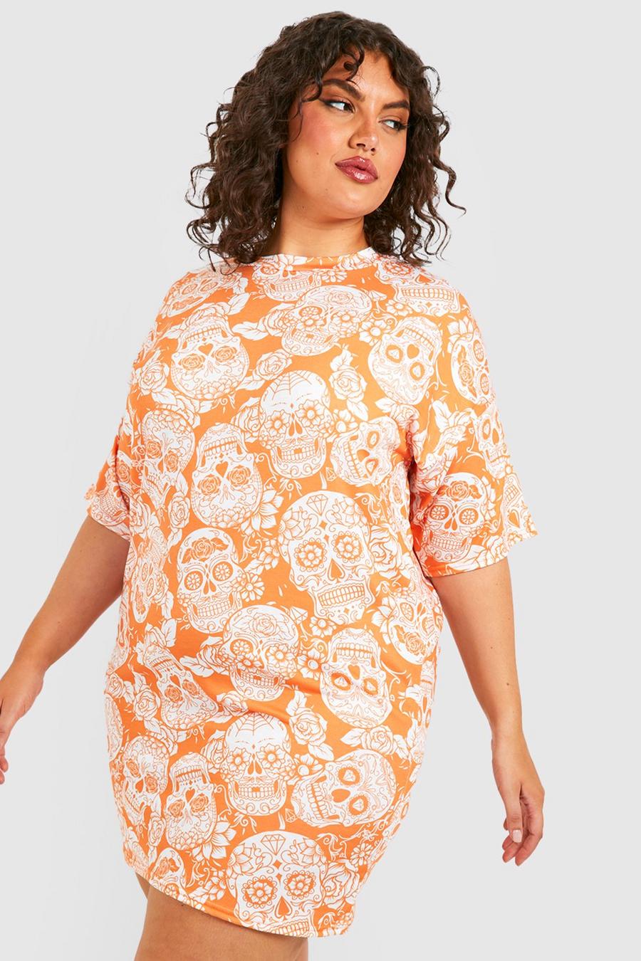 Plus Halloween T-Shirt-Kleid mit floralem Totenkopf Print, Orange image number 1