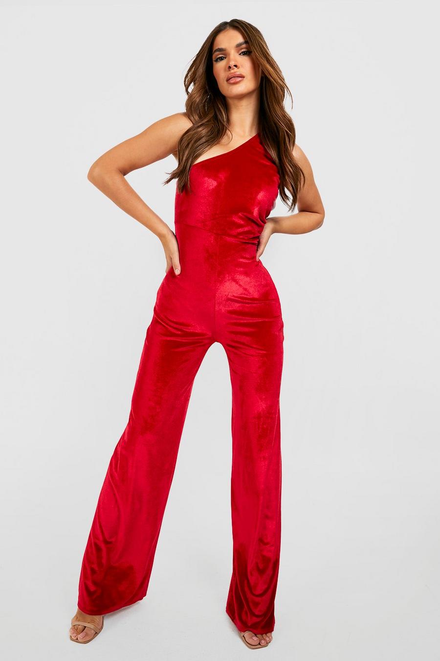 Flared velour jumpsuit with wide straps