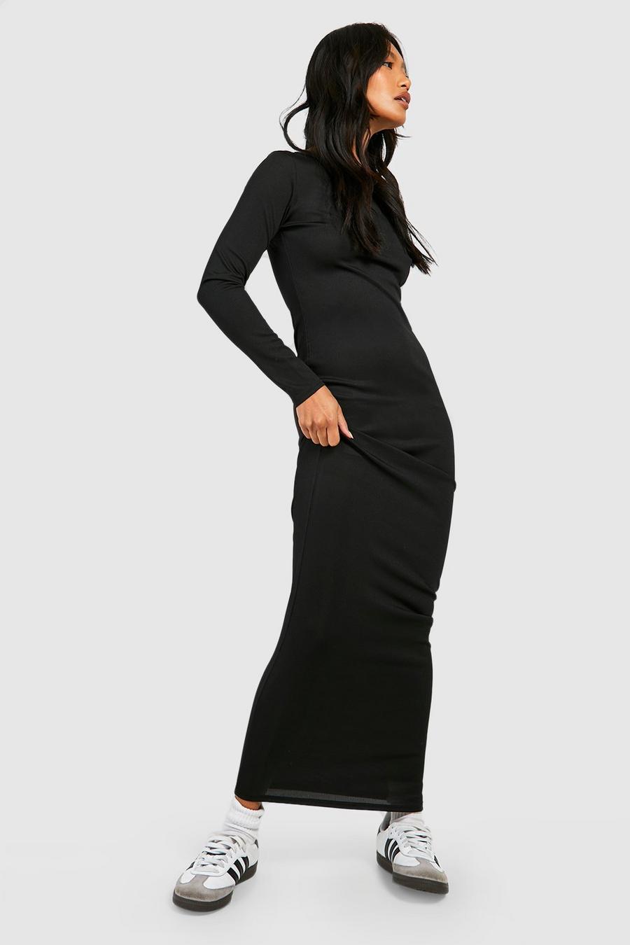 Black שמלת מקסי ארוגה מחטבת עם שרוולים ארוכים image number 1