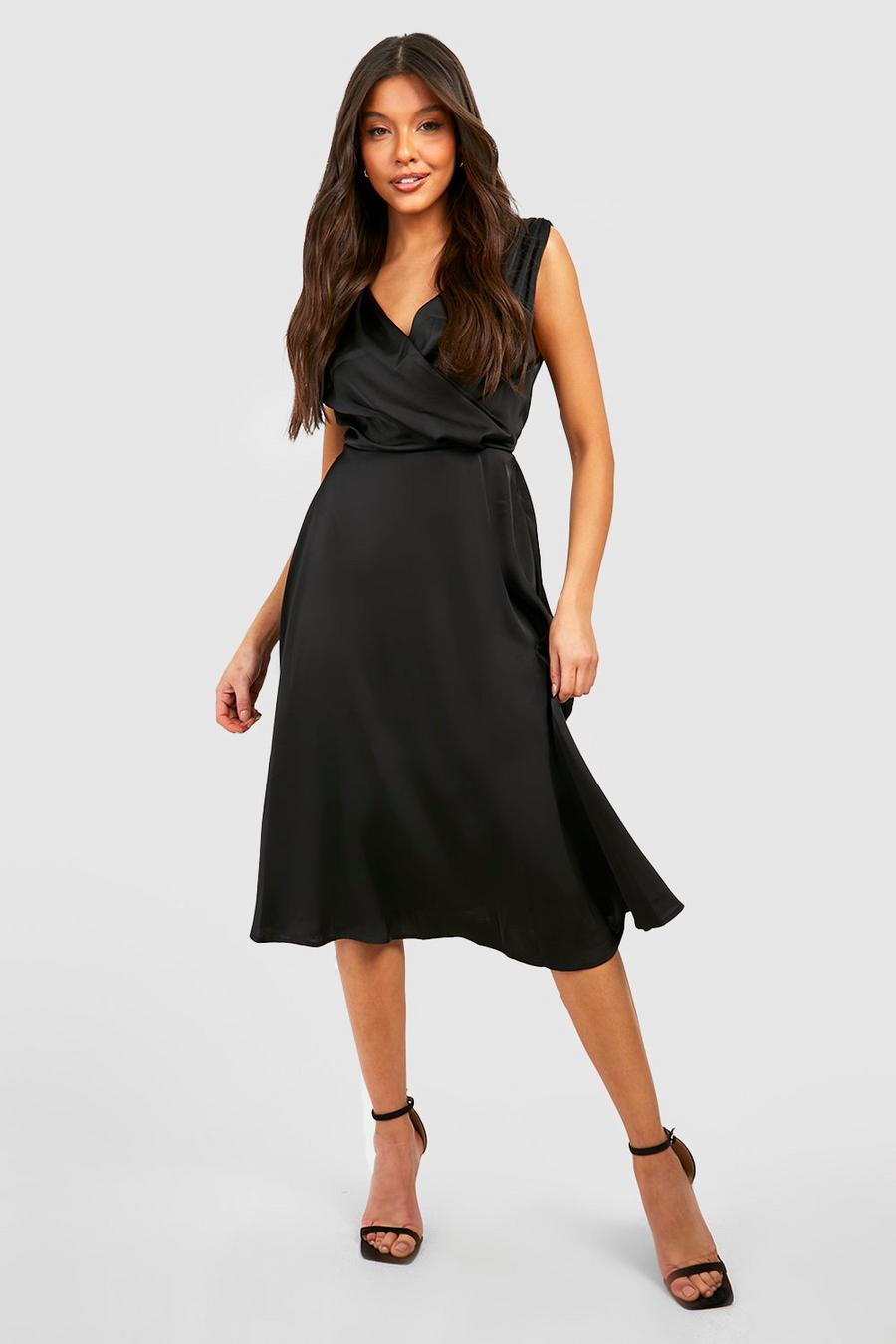 Black Satin Cowl Neck Wrap Midi Dress image number 1