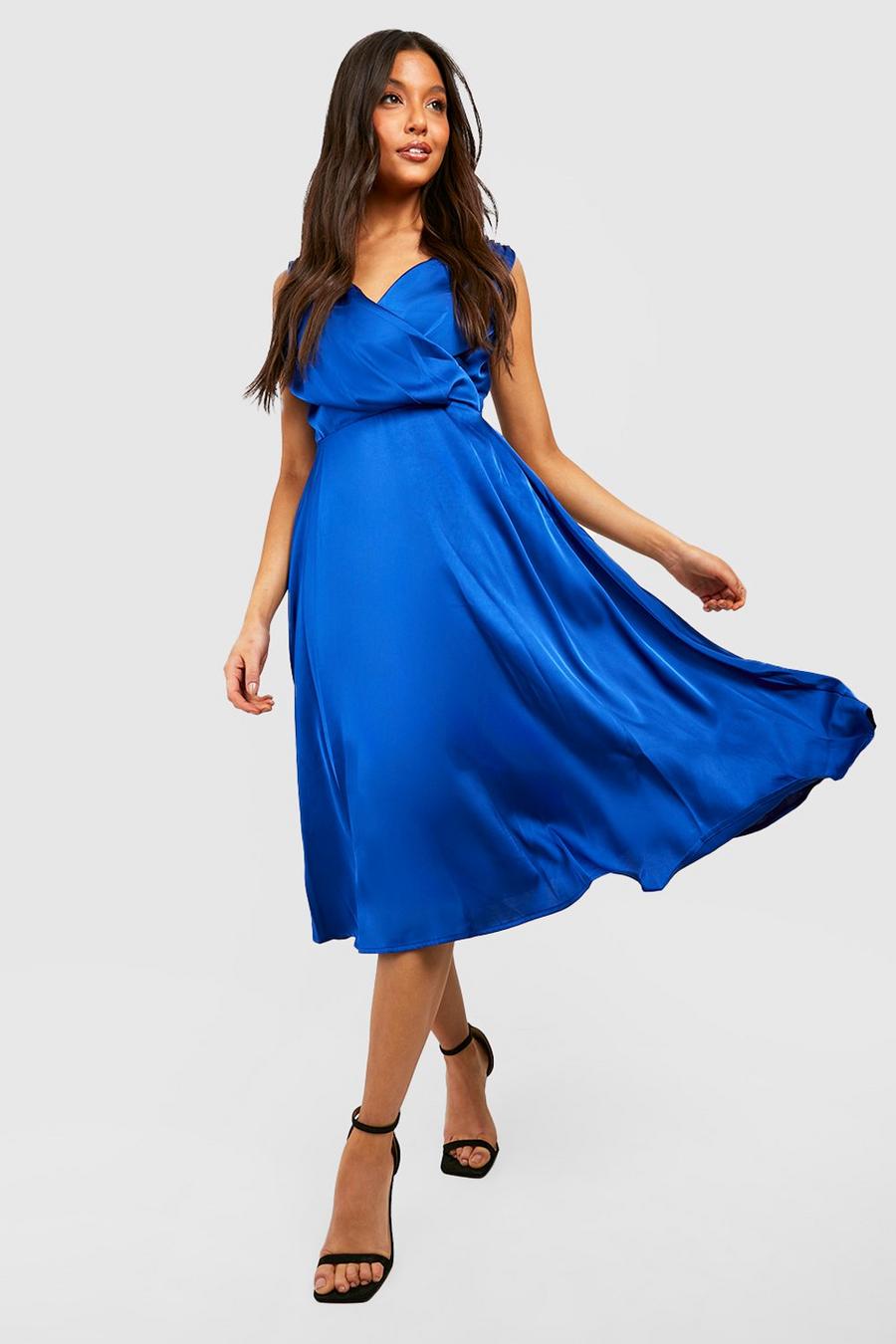 Cobalt bleu Satin Cowl Neck Wrap Midi Dress 