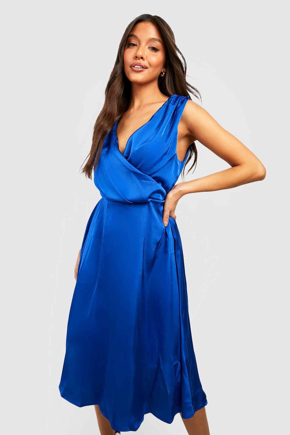 Satin Cowl Neck Wrap Midi Dress