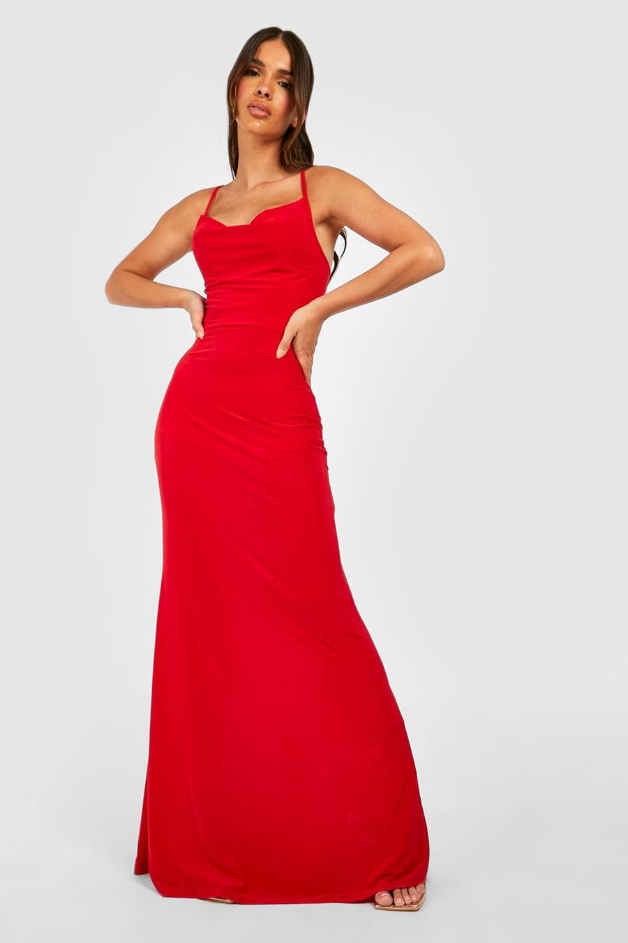 Vestido maxi con escote plisado, Red