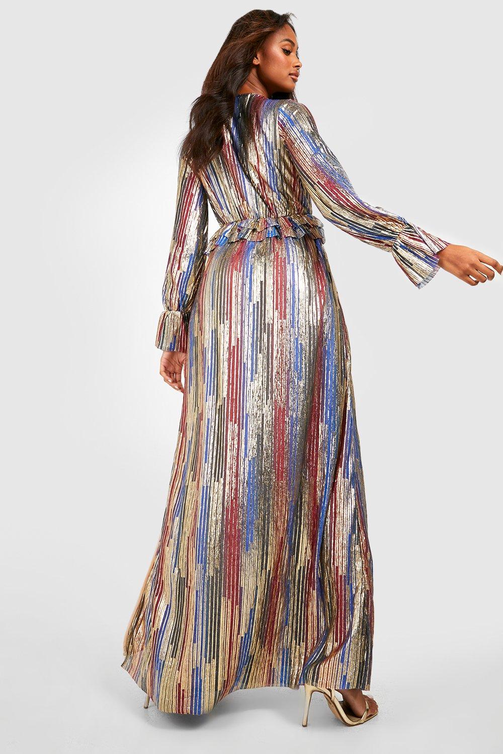 Women s Metallic Rainbow Plisse Ruffle Maxi Party Dress Boohoo UK