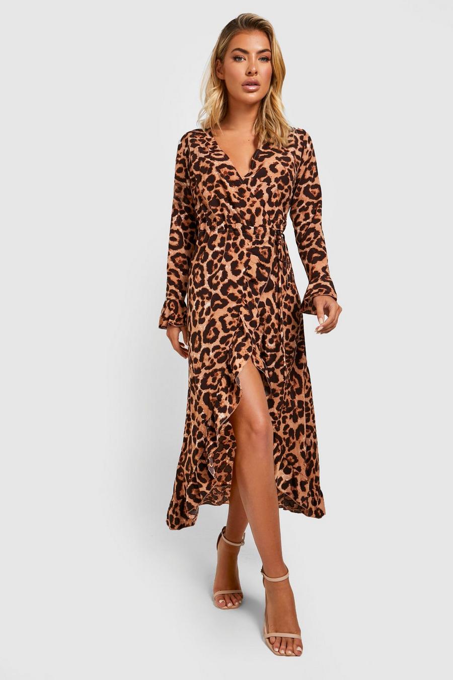 Brown Leopard Ruffle Wrap Midi Dress image number 1