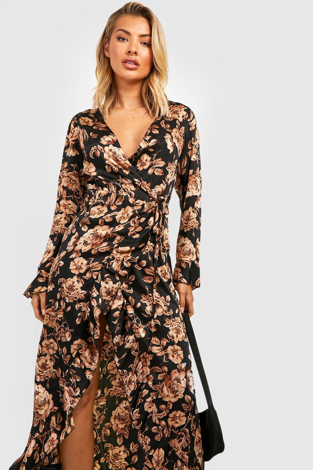 Boohoo ruffle wrap midi dress in floral best sale