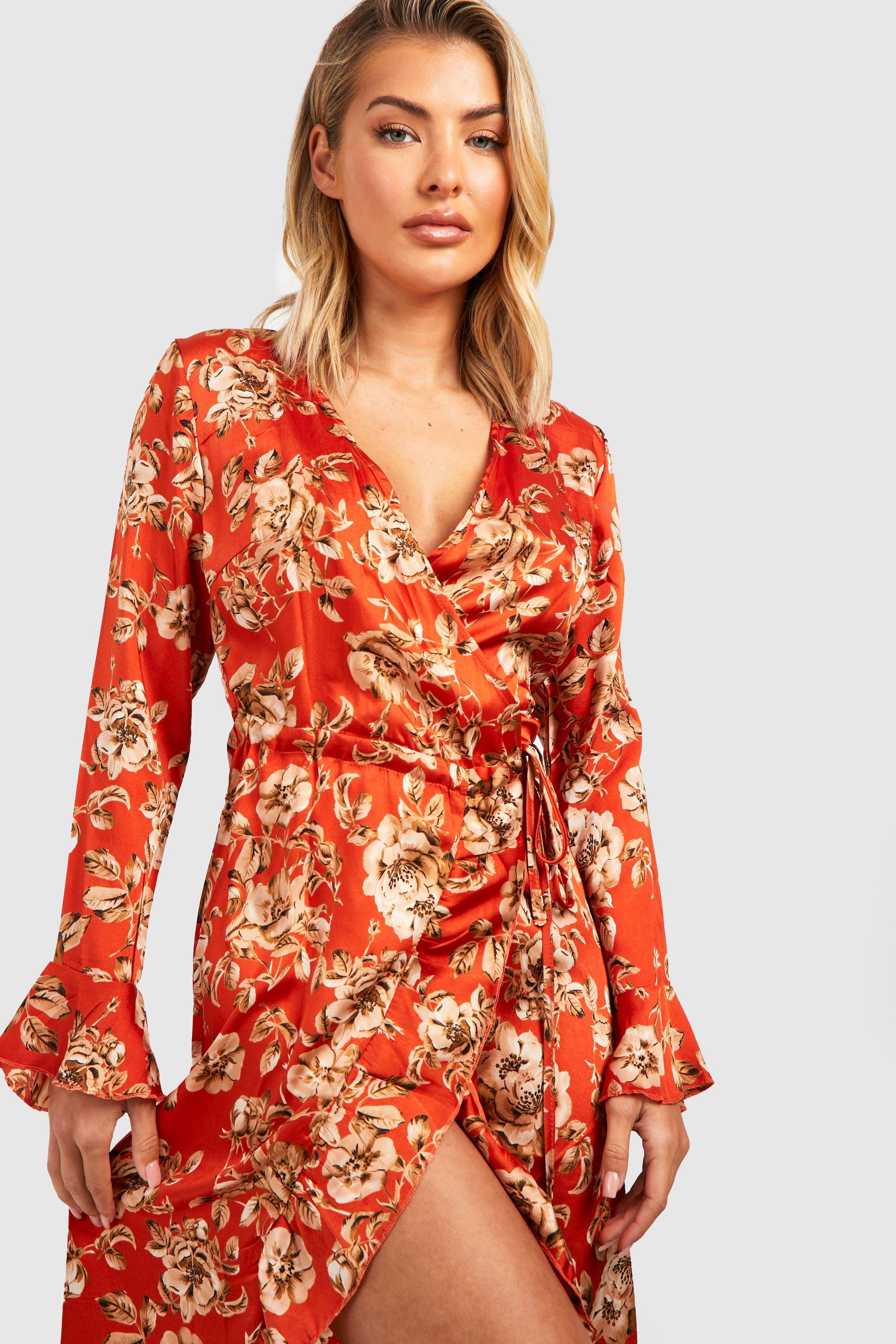 Boohoo ruffle wrap midi dress in floral sale