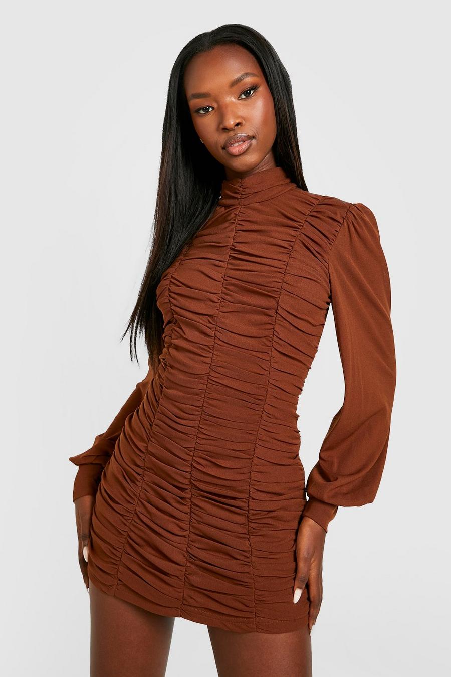 Chocolate Petite Mesh Ruched High Neck Bodycon Dress image number 1