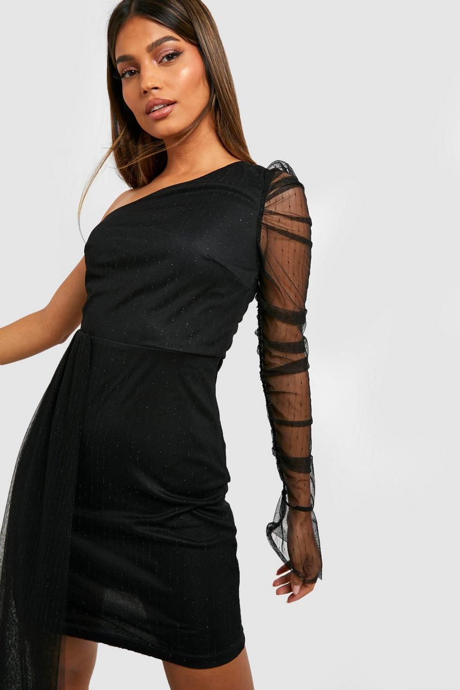 Black Glittrig one shoulder-klänning i mesh image number 1