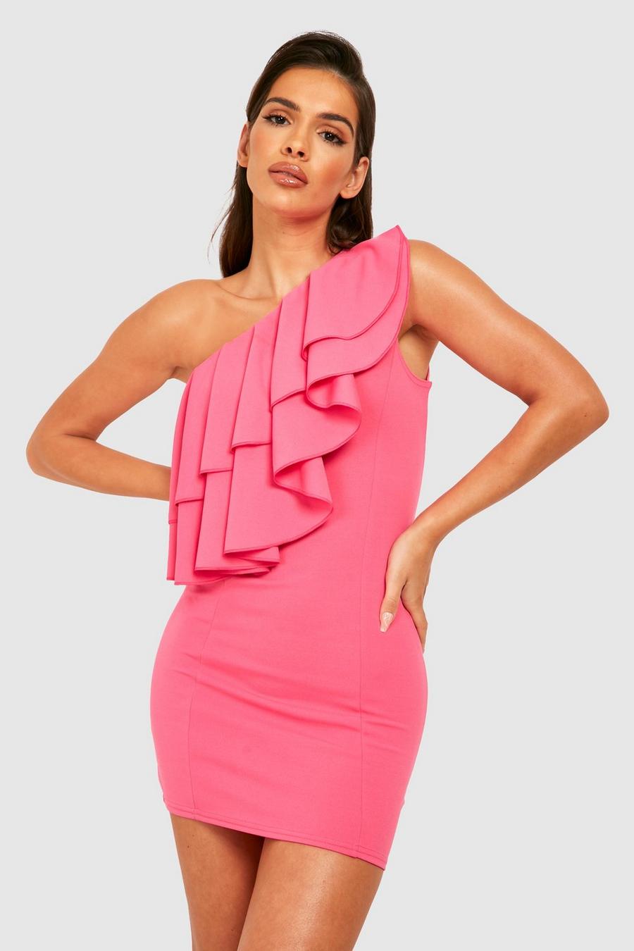 Hot pink שמלת מיני מבד סקובה עם מלמלה image number 1