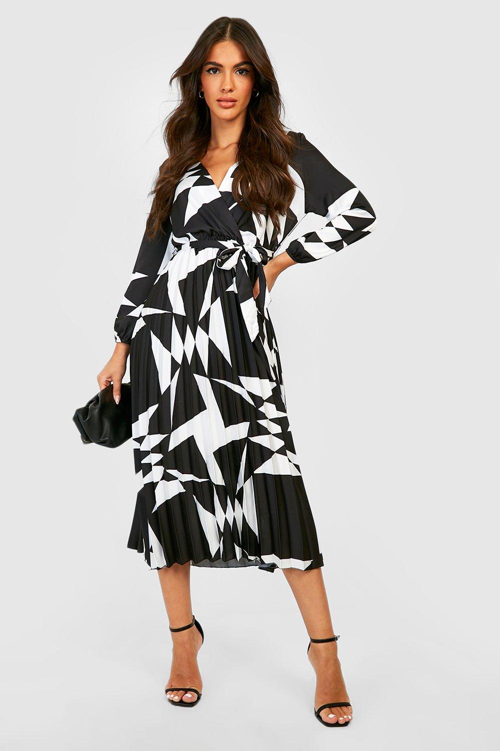 Pleated Wrap Dress - Black/floral - Ladies