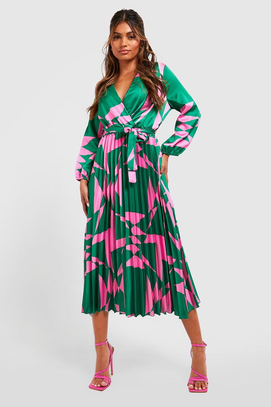 Green Aztec Pleated Wrap Front Midi Dress image number 1