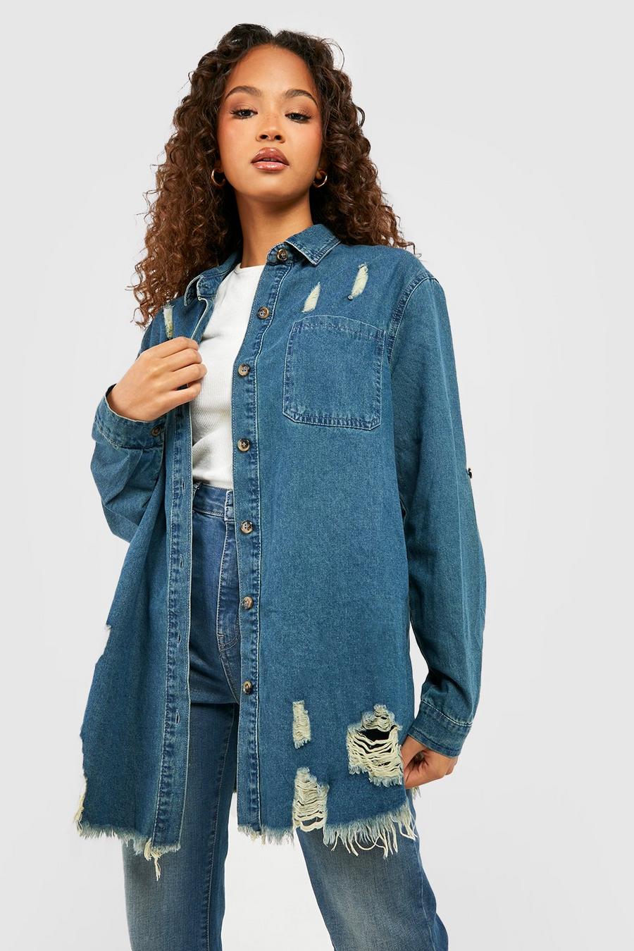 כחול וינטג' חולצת וינטג' מבד ג'ינס משופשף עם קרעים ושרוולים מגולגלים image number 1