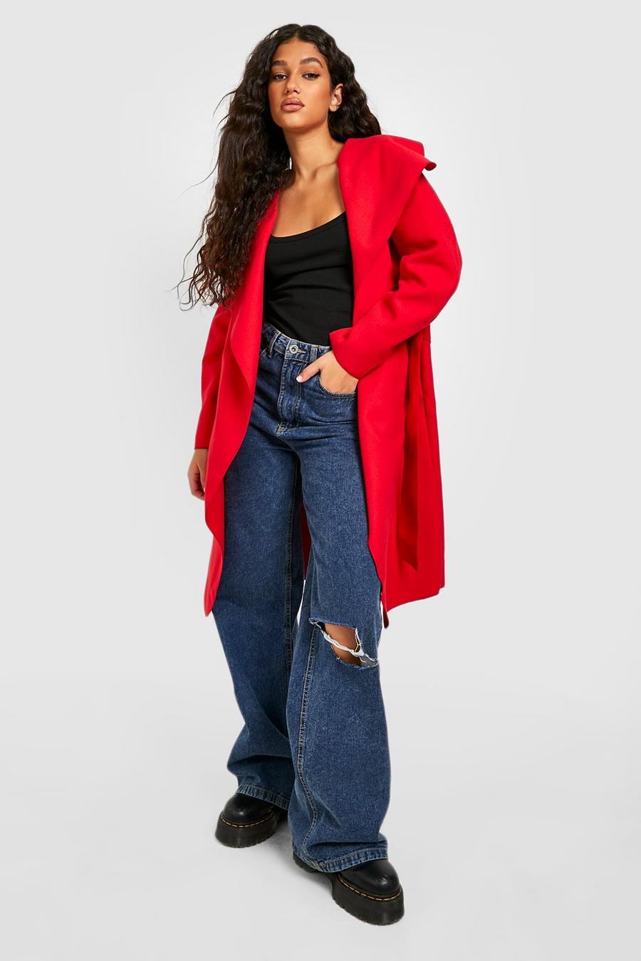 Red Belted Shawl Collar Coat image number 1